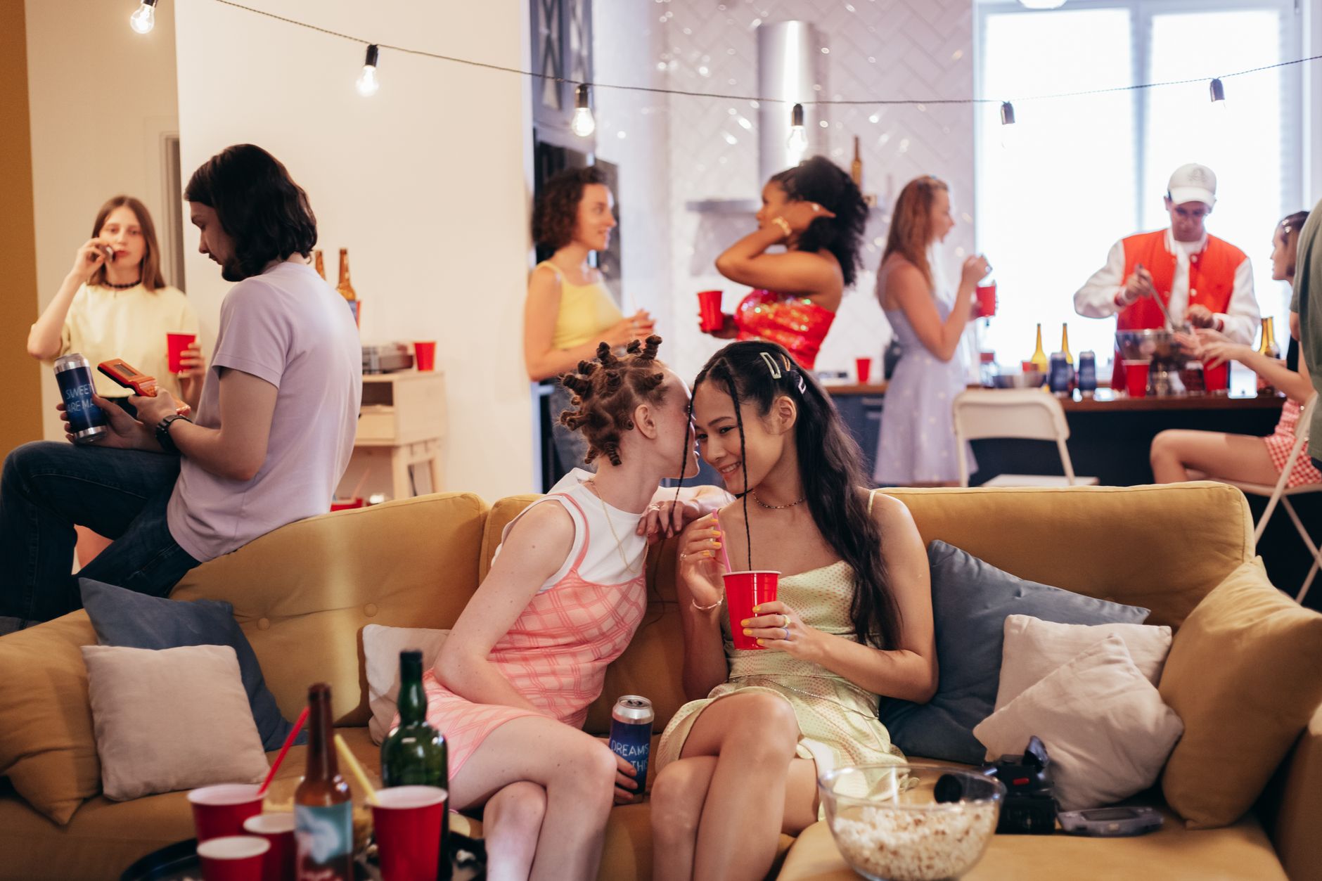 A group of young adults socializing at an indoor party, sharing drinks and laughter.
