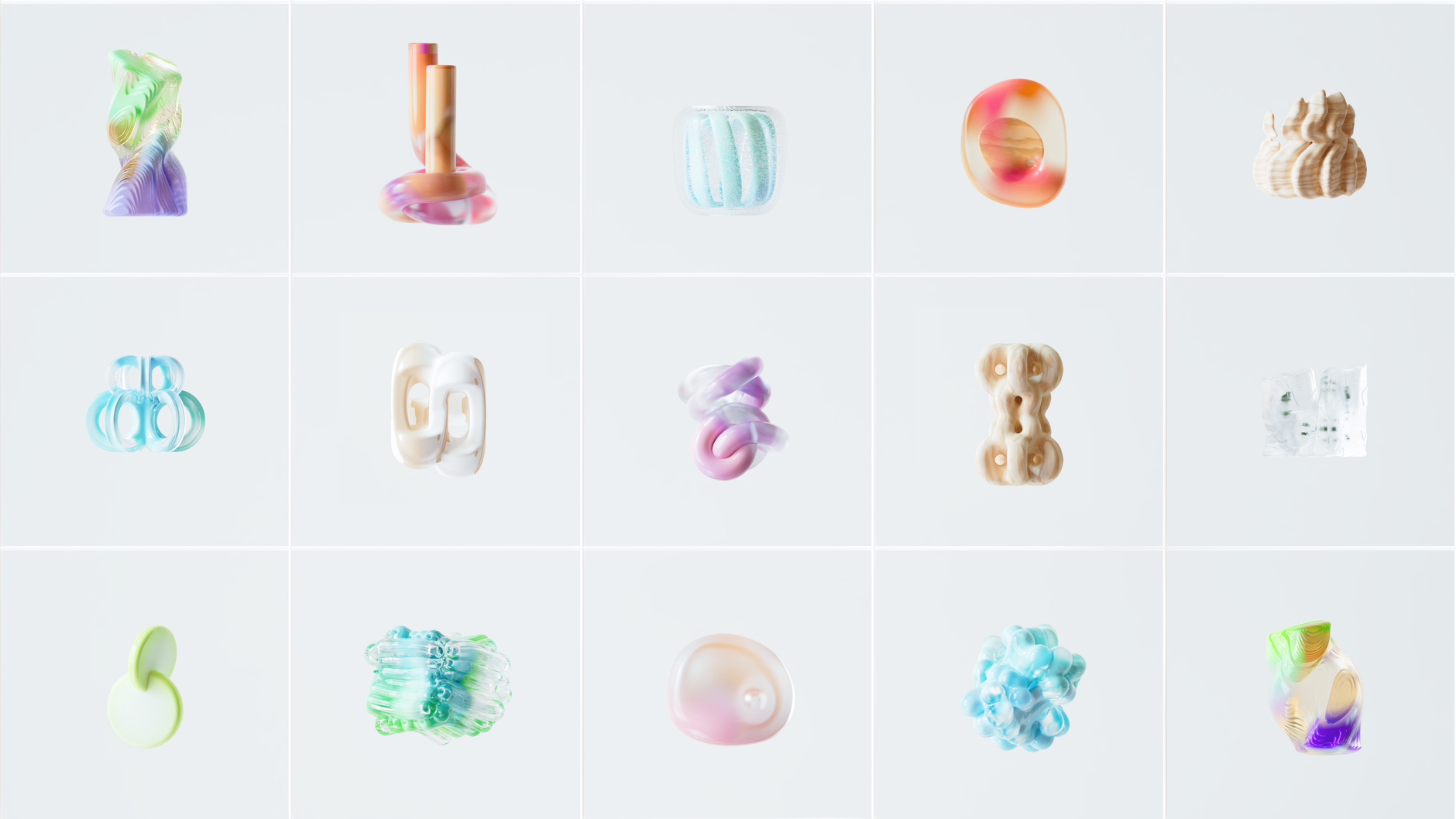 Collection of abstract 3D rendered organic shapes in soft pastel colors.