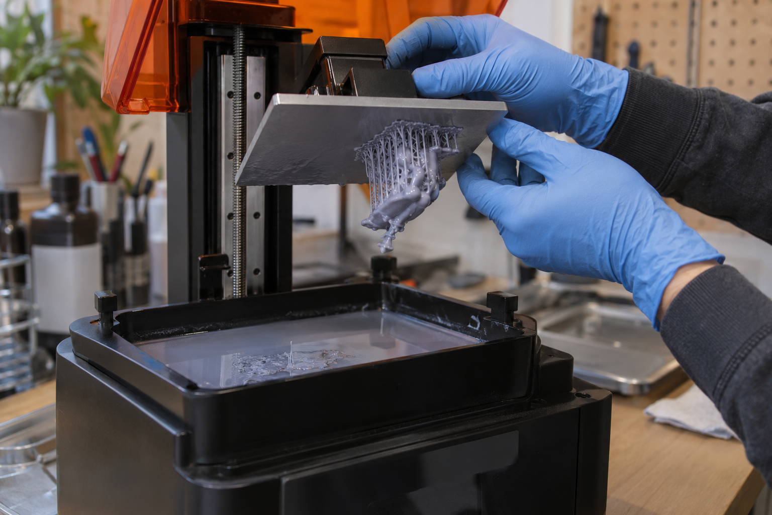 Gloved hands inspect a resin printer build plate above a vat, with a partial gray print hanging from the plate and cured residue left in the vat.