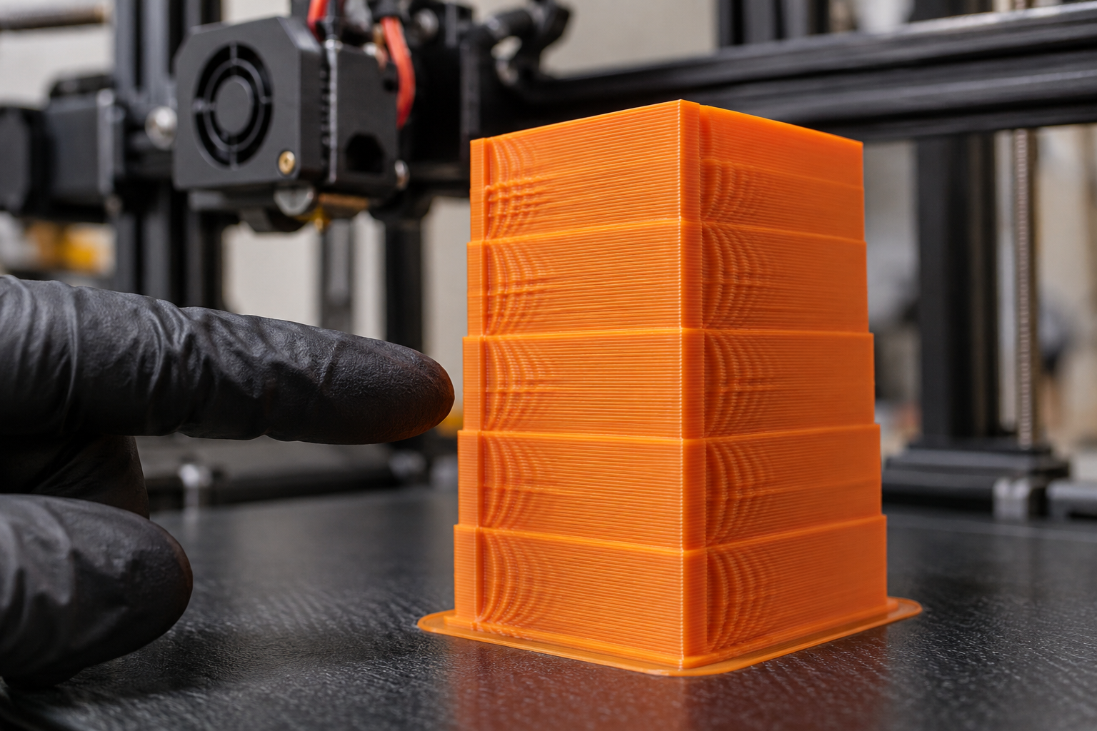A gloved hand points to repeated echo-like ridges on an orange 3D-printed calibration tower beside an FDM printer.